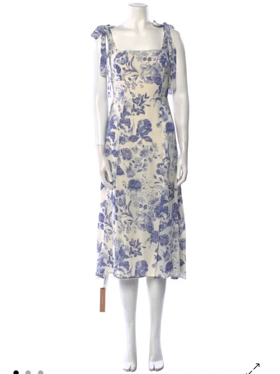 Reformation Cream Maxi Dress with Blue Floral Print and Tie Shoulders - Picture 2 of 14